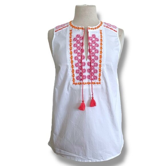 J Crew Womens Embroidered Tank Top Sz 6 White Pink Cotton Boho Tassel Blouse - Picture 1 of 7